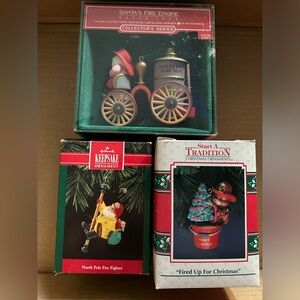 2 Fireman Santa Christmas Ornaments and a Fireman Bear Ornament